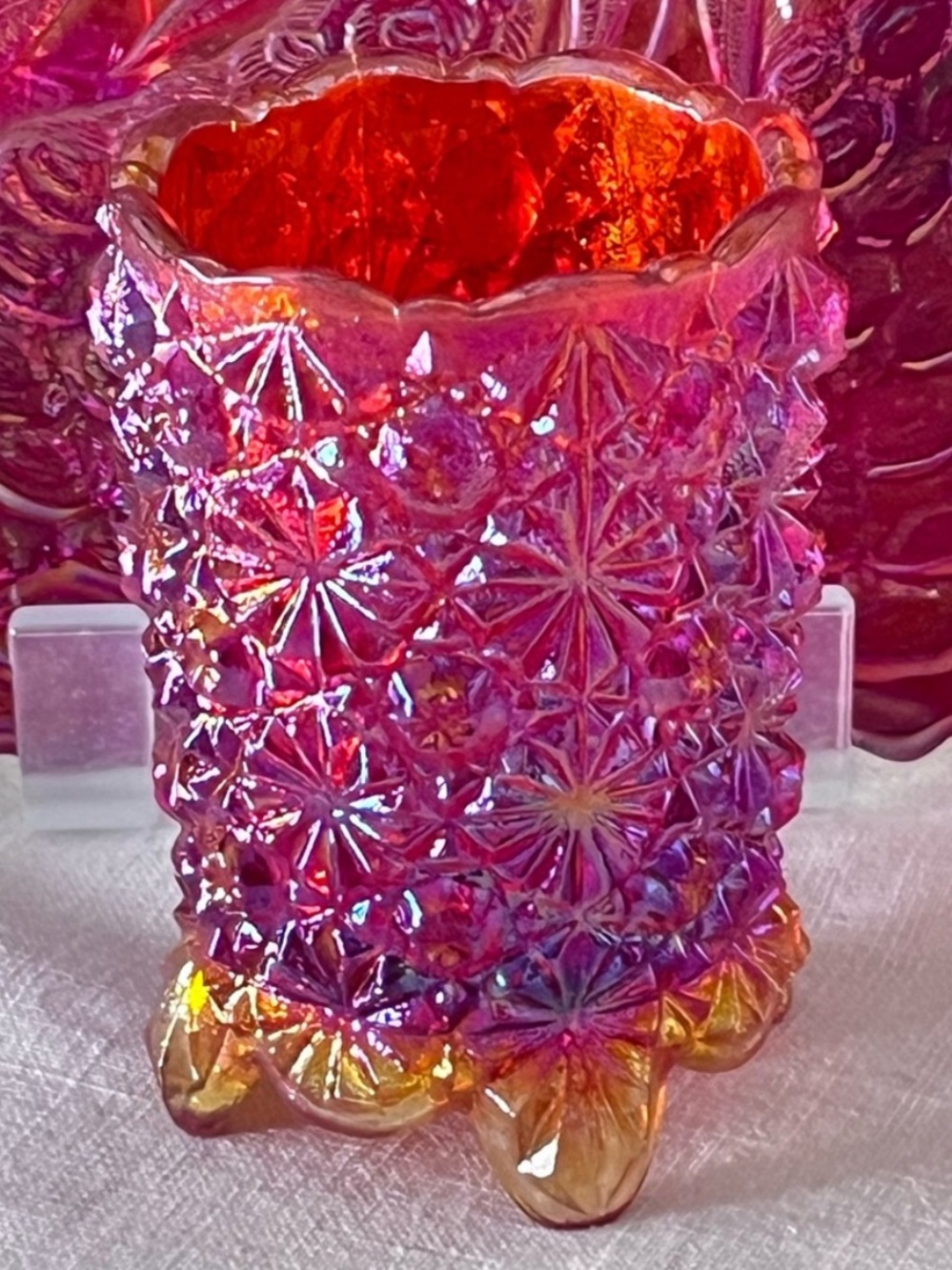 Vintage Ruby Red Carnival Glass Toothpick Holder Daisy & Button Footed